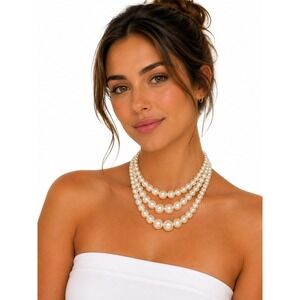 Vintage Triple Strand Faux Pearl Necklace Graduated Choker Wedding Classic 17"